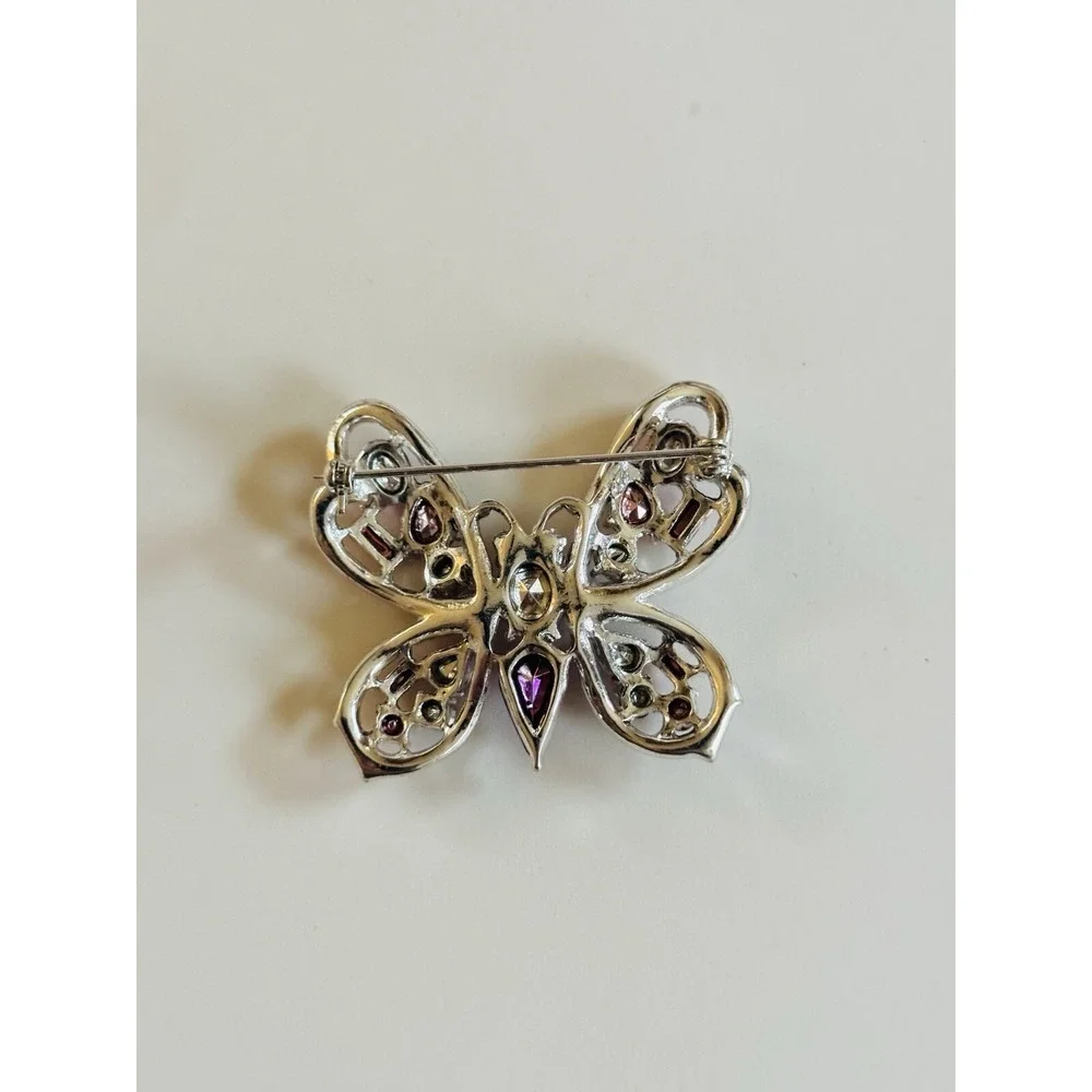 VTG Butterfly brooch pin Silver Plated Pink Red Rhinestone Figural Y2K‎ Flashy